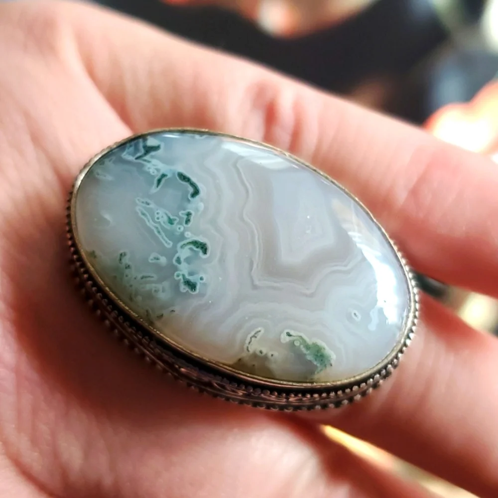 New Huge Moss Agate 925 Silver Statement Ring.
